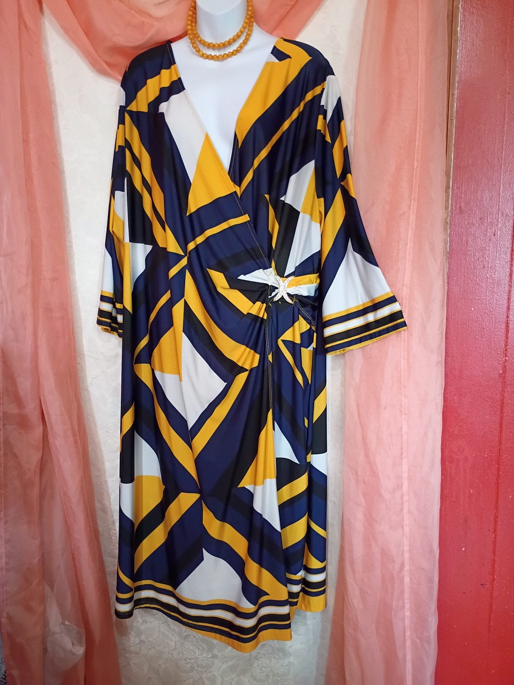 Ashley Stewart Navy, Mustard and White Geometric Wrap Midi Dress Sz 30/32